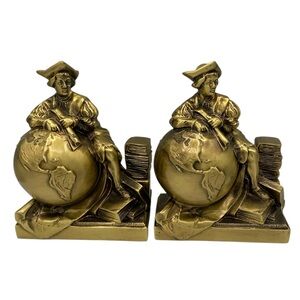 Vintage set of PM Craftsmen Gold Brass Christopher Columbus Globe Bookends